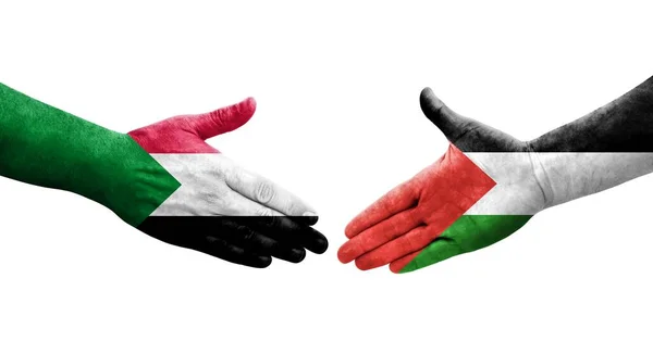 手绘巴勒斯坦和苏丹国旗握手 孤立透明的图像 — 图库照片