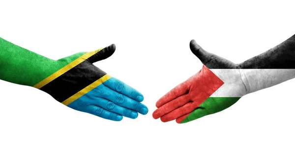 Handslag Mellan Palestina Och Tanzania Flaggor Målade Händer Isolerad Transparent — Stockfoto