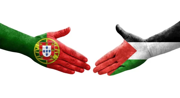 Potřesení Rukou Mezi Palestinskou Portugalskou Vlajkou Namalovanou Rukou Izolovaný Průhledný — Stock fotografie