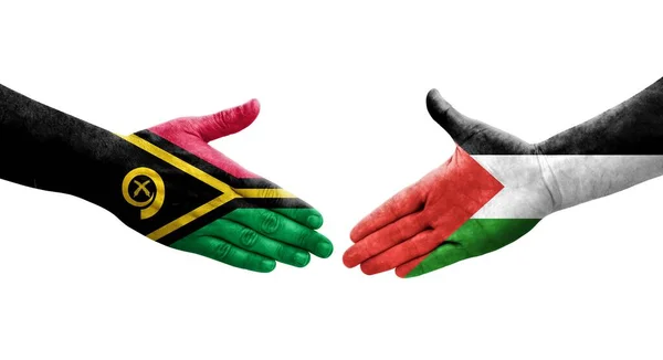 Stretta Mano Tra Palestina Vanuatu Bandiere Dipinte Mani Isolata Immagine — Foto Stock