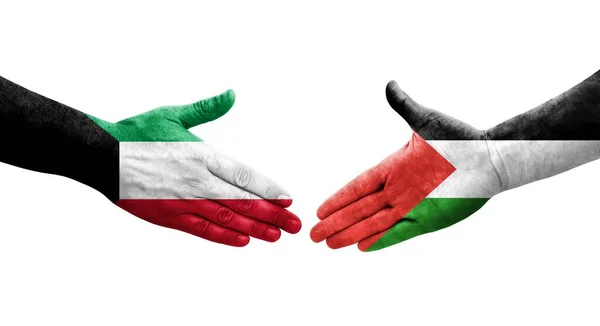 Uścisk Dłoni Między Palestyną Kuwejtem Malowane Rękach Flagi Odizolowany Przezroczysty — Zdjęcie stockowe