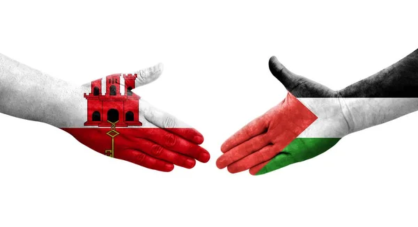 Aperto Mão Entre Palestina Gibraltar Bandeiras Pintadas Mãos Imagem Transparente — Fotografia de Stock