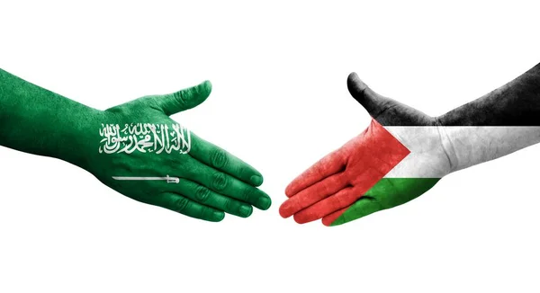 在巴勒斯坦和沙特阿拉伯之间握手 手绘国旗 孤立透明的形象 — 图库照片