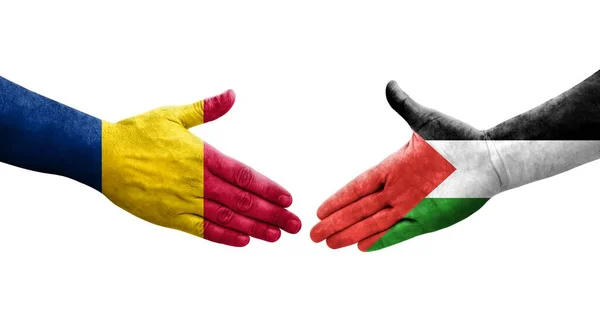 Aperto Mão Entre Palestina Bandeiras Chade Pintadas Mãos Imagem Transparente — Fotografia de Stock