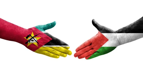 Handshake Palestine Mozambique Flags Painted Hands Isolated Transparent Image — Stock Photo, Image