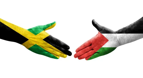 Рукопожатие Между Палестиной Ямайкой Нарисованное Руках Изолированное Прозрачное Изображение — стоковое фото
