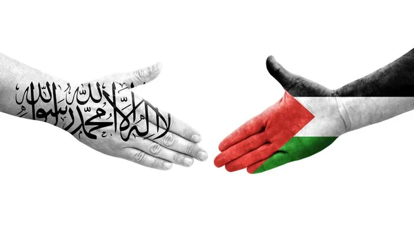 Handdruk Tussen Palestijnse Afghaanse Vlaggen Handen Geschilderd Geïsoleerd Transparant Beeld — Stockfoto
