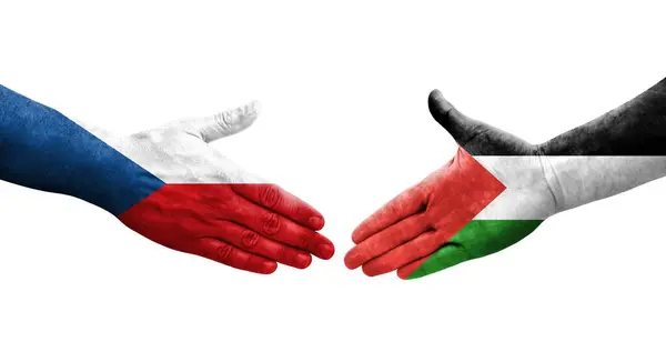 Aperto Mão Entre Palestina Checoslováquia Bandeiras Pintadas Mãos Imagem Transparente — Fotografia de Stock