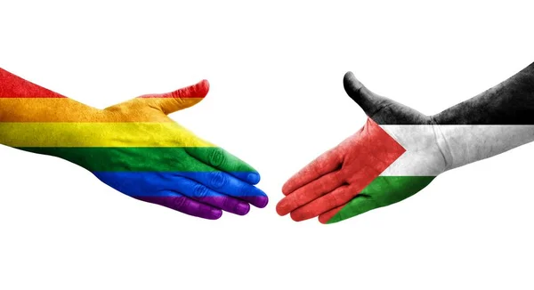 Aperto Mão Entre Palestina Bandeiras Lgbt Pintadas Mãos Imagem Transparente — Fotografia de Stock