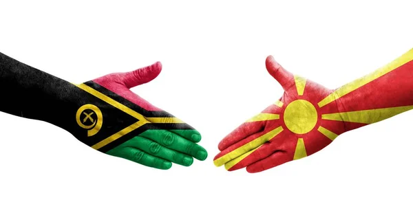 Рукостискання Між Північною Македонією Прапорами Вануату Намальоване Руках Ізольоване Прозоре — стокове фото