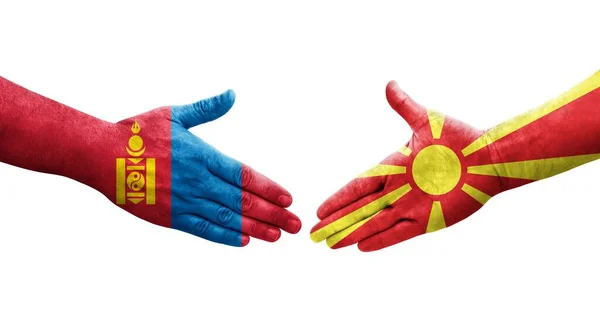 Рукостискання Між Північною Македонією Монголією Намальоване Руках Ізольоване Прозоре Зображення — стокове фото