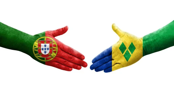 Händedruck Zwischen Vincent Grenadinen Und Portugal Flaggen Auf Hände Gemalt — Stockfoto