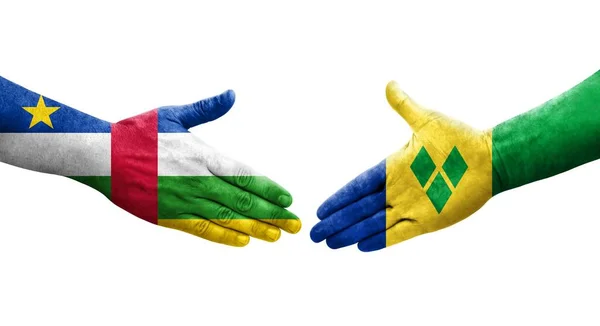 Handdruk Tussen Saint Vincent Grenadines Centraal Afrikaanse Republiek Vlaggen Geschilderd — Stockfoto