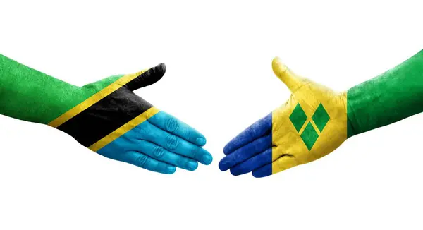 Poignée Main Entre Saint Vincent Grenadines Tanzanie Drapeaux Peints Sur — Photo