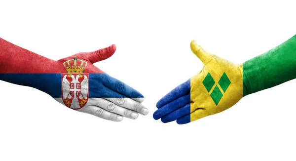Рукостискання Між Святим Вінсентом Сербськими Прапорами Намальованими Руках Ізольованим Прозорим — стокове фото