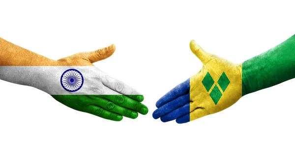 Aperto Mão Entre Granadinas São Vicente Bandeiras Índia Pintadas Mãos — Fotografia de Stock