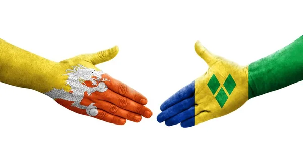 Kézfogás Saint Vincent Grenadines Bhután Zászlók Festett Kezét Elszigetelt Átlátszó — Stock Fotó