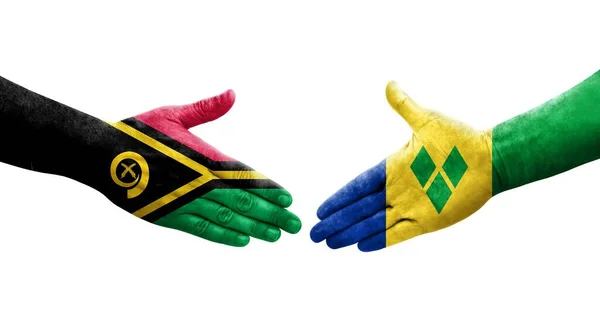 Aperto Mão Entre Granadinas São Vicente Bandeiras Vanuatu Pintadas Mãos — Fotografia de Stock