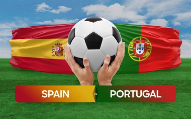 İspanya, Portekiz milli takımlarına karşı futbol maçı konsepti.