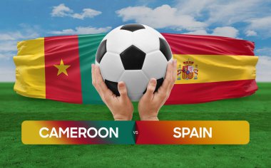 Kamerun İspanya milli takımlarına karşı futbol maçı konsepti.