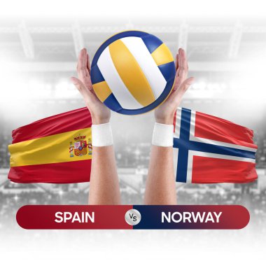 İspanya, Norveç milli takımlarına karşı voleybol voleybol maçı konsepti.