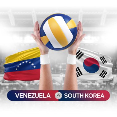 Venezuela, Güney Kore milli takımlarına karşı voleybol voleybol maçı konsepti.