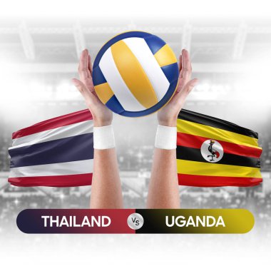 Tayland, Uganda milli takımlarına karşı voleybol voleybol topu yarışması konsepti.