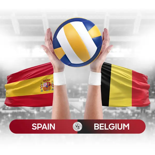 stock image Spain vs Belgium national teams volleyball volley ball match competition concept.