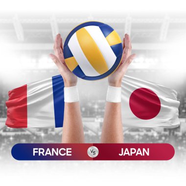 Fransa, Japonya milli takımlarına karşı voleybol voleybol maçı konsepti.