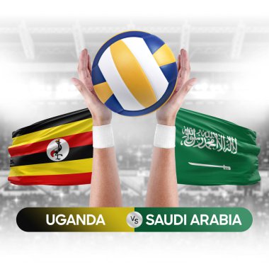 Uganda Suudi Arabistan 'a karşı milli takımlar voleybol voleybol topu yarışma konsepti.