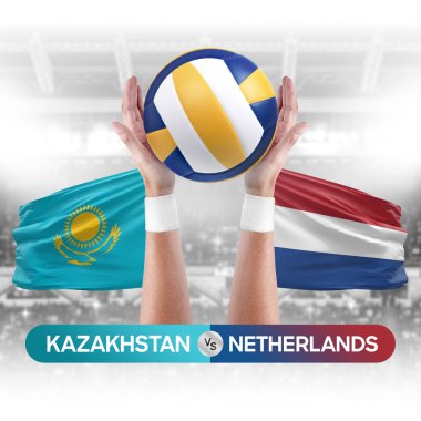 Kazakistan, Hollanda milli takımlarına karşı voleybol voleybol maçı konsepti.