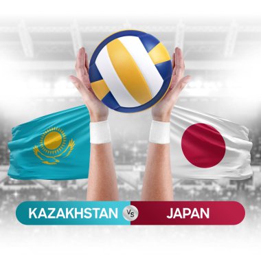 Kazakistan Japonya milli takımlarına karşı voleybol voleybol topu yarışma konsepti.