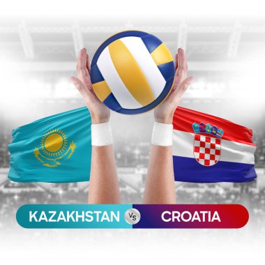 Kazakistan, Hırvatistan milli takımlarına karşı voleybol voleybol topu yarışma konsepti.