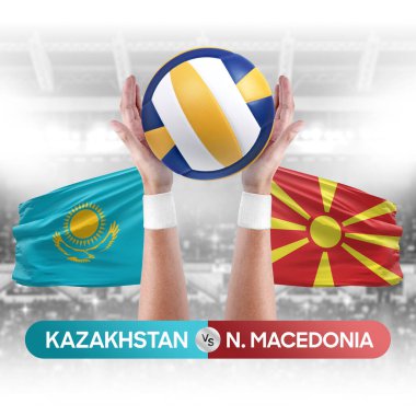 Kazakistan, Kuzey Makedonya milli takımlarına karşı voleybol voleybol topu yarışma konsepti.