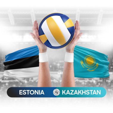 Estonya Kazakistan milli takımlarına karşı voleybol voleybol topu yarışma konsepti.