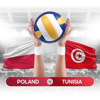 Polonya Tunus milli takımlarına karşı voleybol voleybol topu yarışma konsepti.
