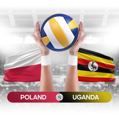 Polonya, Uganda milli takımlarına karşı voleybol voleybol maçı konsepti.