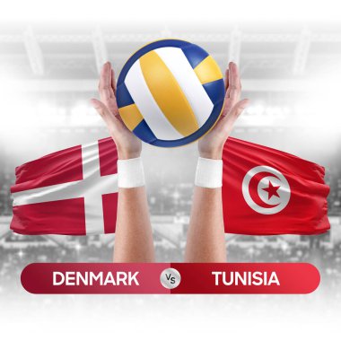 Danimarka Tunus milli takımlarına karşı voleybol voleybol topu yarışma konsepti.