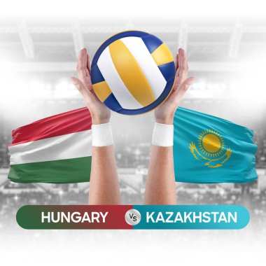 Macaristan Kazakistan milli takımlarına karşı voleybol voleybol topu yarışma konsepti.