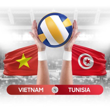 Vietnam Tunus milli takımlarına karşı voleybol voleybol topu yarışma konsepti.