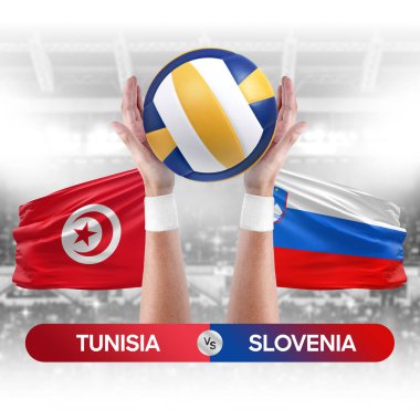 Tunus Slovenya milli takımlarına karşı voleybol voleybol topu yarışma konsepti.