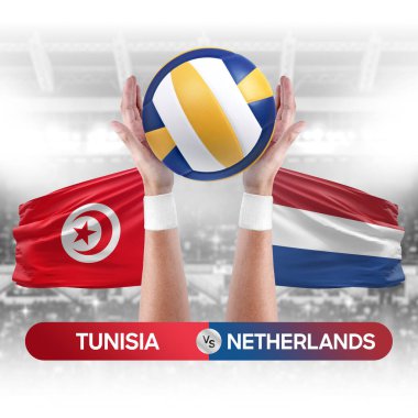 Tunus, Hollanda milli takımlarına karşı voleybol voleybol topu yarışma konsepti.