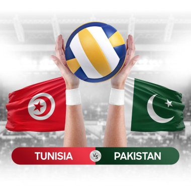 Tunus Pakistan milli takımlarına karşı voleybol voleybol topu yarışma konsepti.