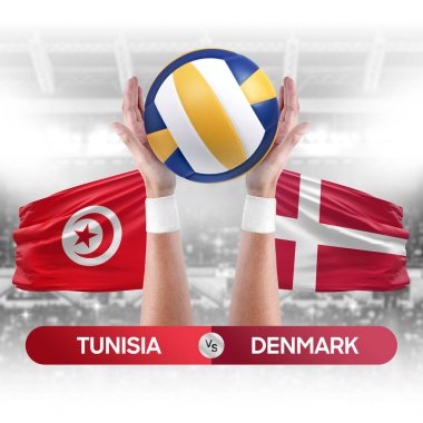 Tunus Danimarka milli takımlarına karşı voleybol voleybol topu yarışma konsepti.