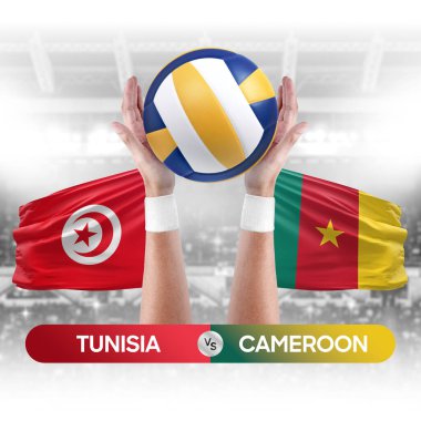 Tunus, Kamerun milli takımlarına karşı voleybol voleybol topu yarışma konsepti.