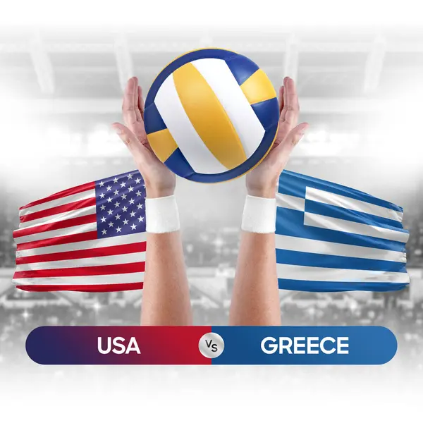USA vs Greece national teams volleyball volley ball match competition concept.