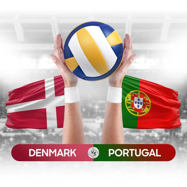 Denmark vs Portugal national teams volleyball volley ball match competition concept.