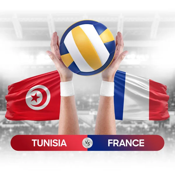 Tunus Fransa milli takımlarına karşı voleybol voleybol topu yarışma konsepti.