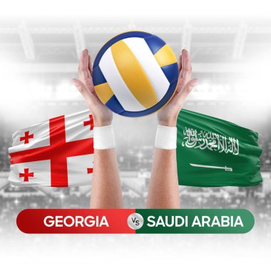 Gürcistan Suudi Arabistan 'a karşı milli takımlar voleybol voleybol topu yarışma konsepti.