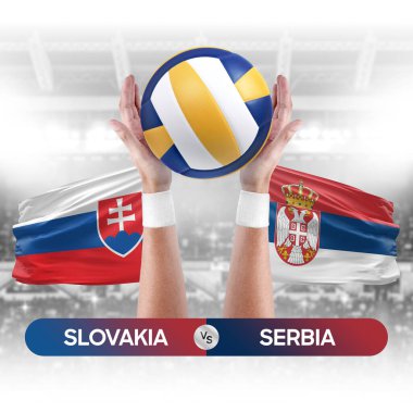 Slovakya Sırbistan milli takımlarına karşı voleybol voleybol topu yarışma konsepti.